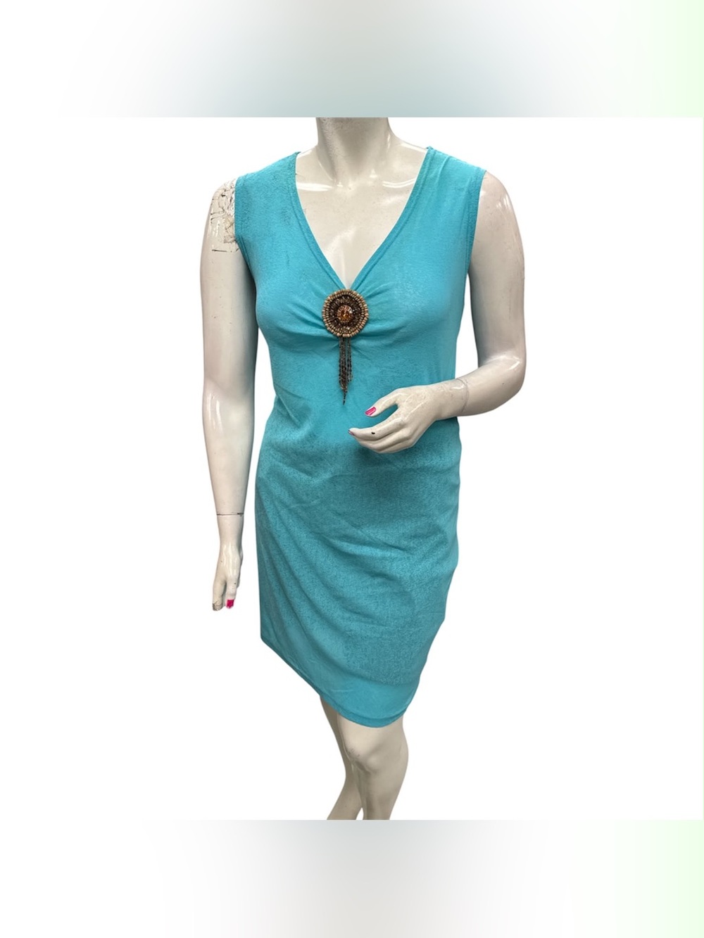 Turquoise V-Neck Sleeveless Dress with Decorative Brooch Size 2X